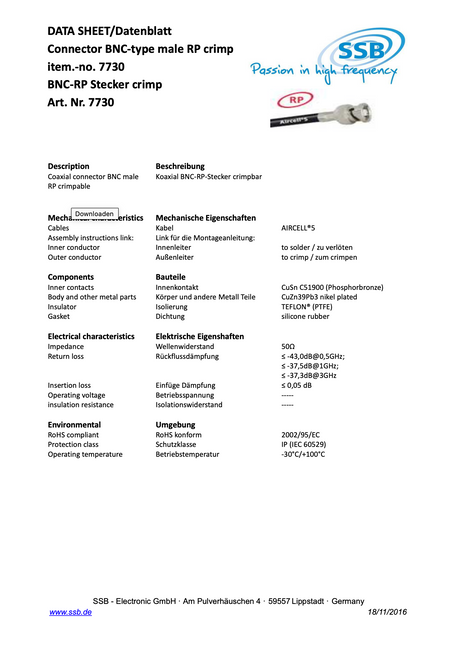 Datasheet SSB 7730 BNC Reverse Polarity connector voor Aircell-5 coaxkabel