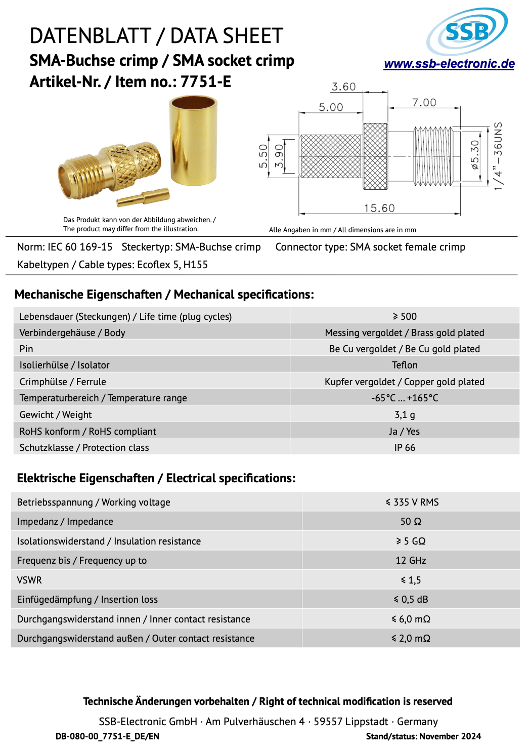 Datasheet SSB 7751E SMA connector voor Ecoflex-5 en H155 coaxkabel