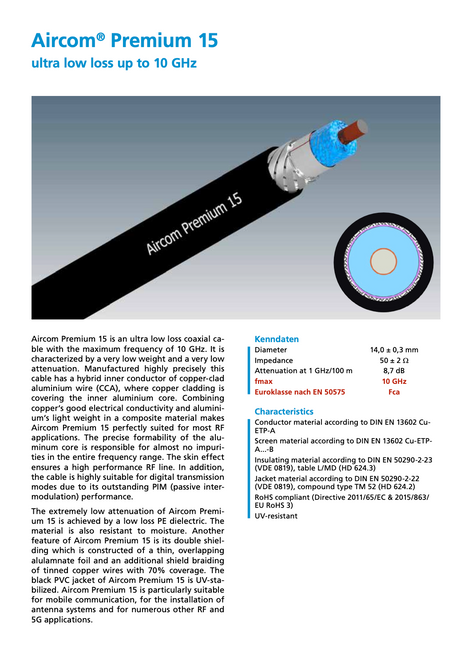 Datasheett Aircom-15 Premium coaxkabel van SSB 
