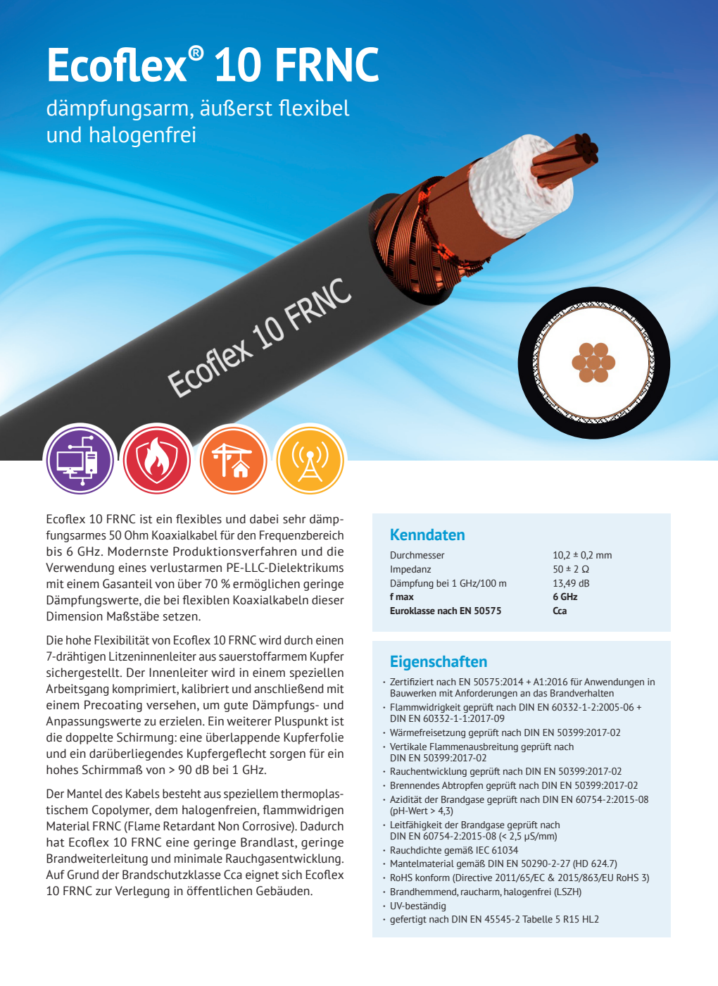 Datasheet van de Ecoflex-10 FRNC coaxkabel van het Duitse merk SSB