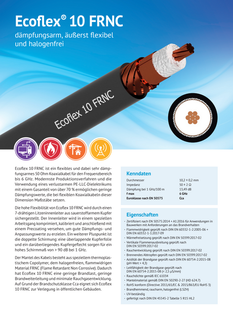 Datasheet van de Ecoflex-10 FRNC coaxkabel van het Duitse merk SSB