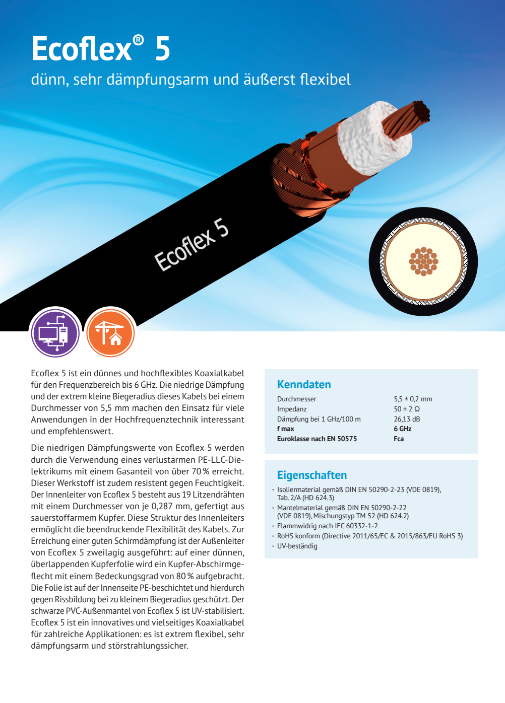 Datasheet van de Ecoflex-5 coaxkabel van het Duitse merk SSB