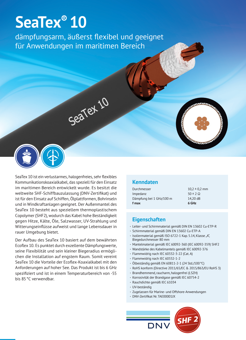 Datasheet van de SeaTex-10 coaxkabel van het Duitse merk SSB