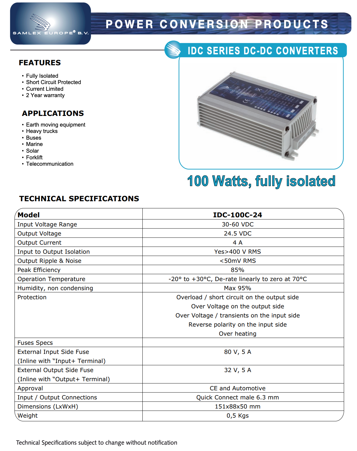 Datasheet van de Samlex IDC-100C-24 een 100W omvormer die volledig geïsoleerd is