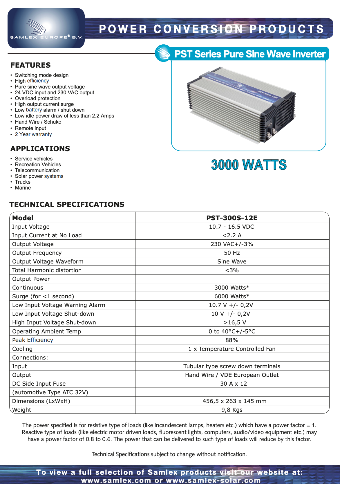Datasheet van de Samlex PST-300S-12E omvormer 12V naar 3000W