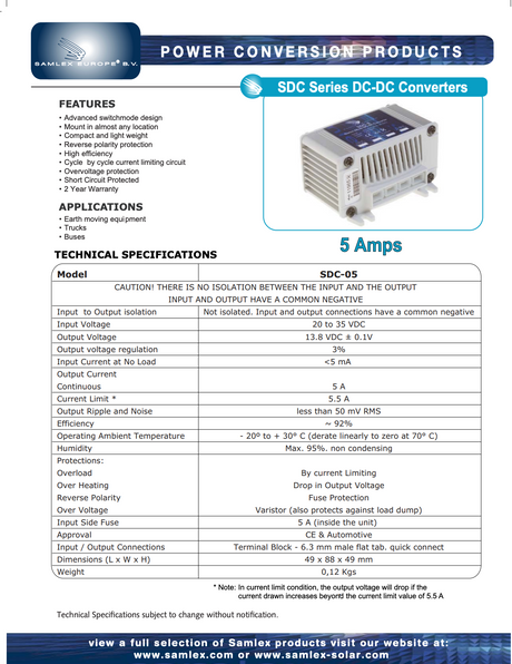 Datasheet van de Samlex SDC-5 omvormer die 24V omzet naar 12V voedingsspanning