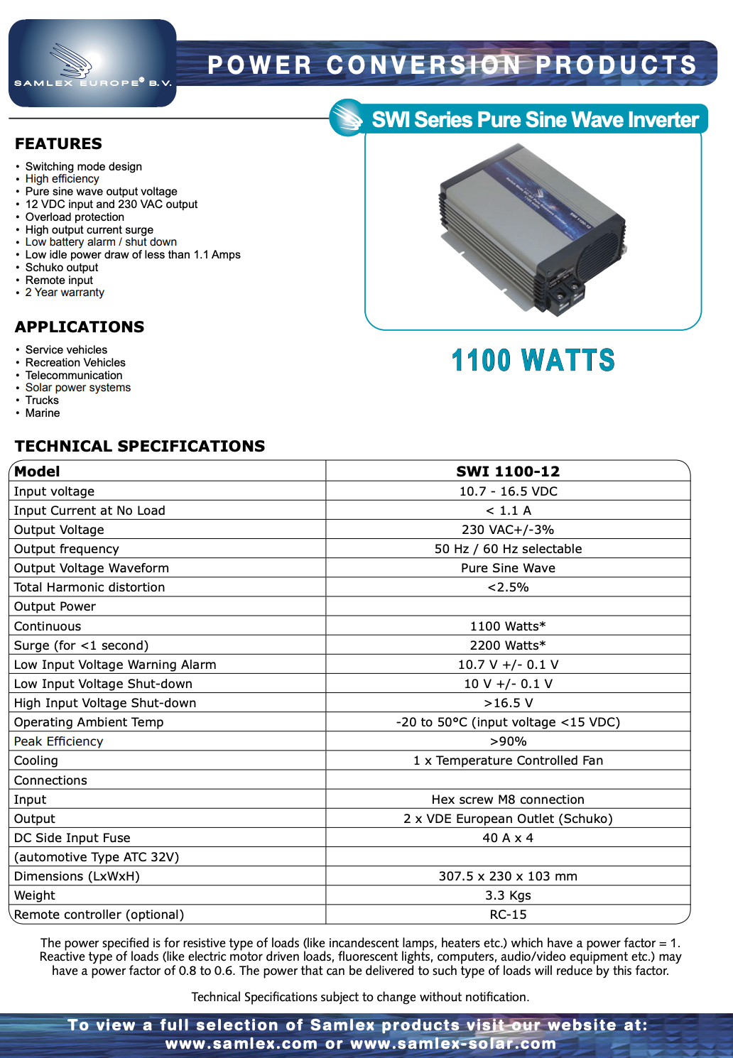Datasheet van de Samlex 1100W omvormer modellen