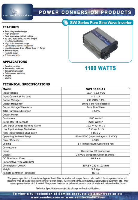 Datasheet van de Samlex 1100W omvormer modellen