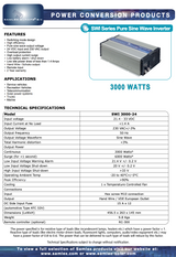 Datasheet van de Samlex SWI-3000-24 een omvormer die 24 volt omzet naar 230 volt en 3000 watt zuivere sinus stroom