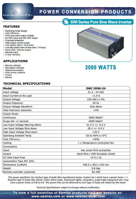 Datasheet van de Samlex SWI-3000-24 een omvormer die 24 volt omzet naar 230 volt en 3000 watt zuivere sinus stroom