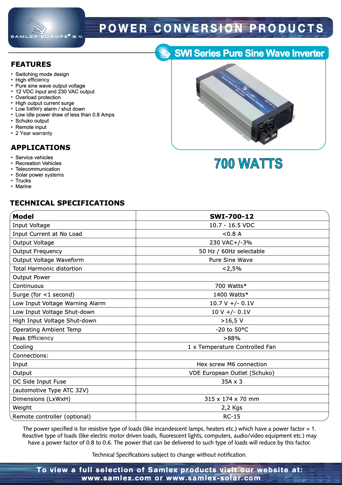 Datasheet samlex swi 700 watt omvormers