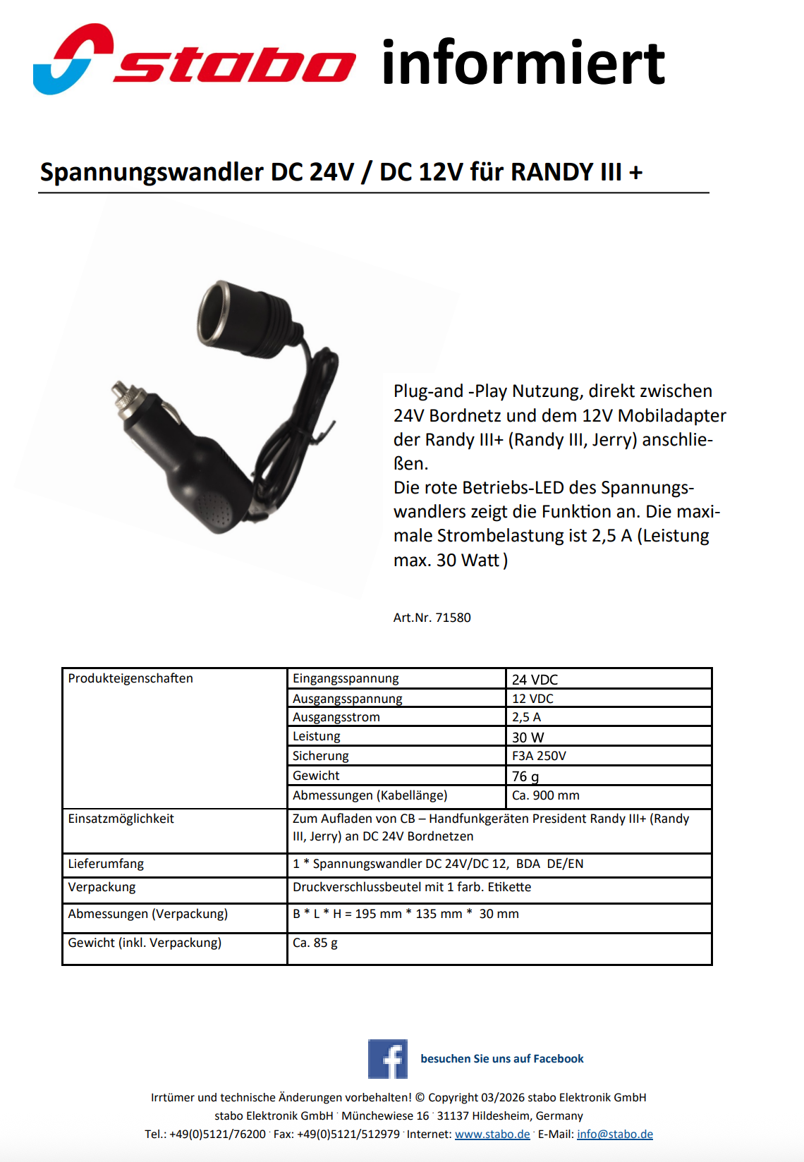 Datasheet van de Stabo spanningsomvormer die 24V omzet naar 12V voedingsspanning in een voertuig