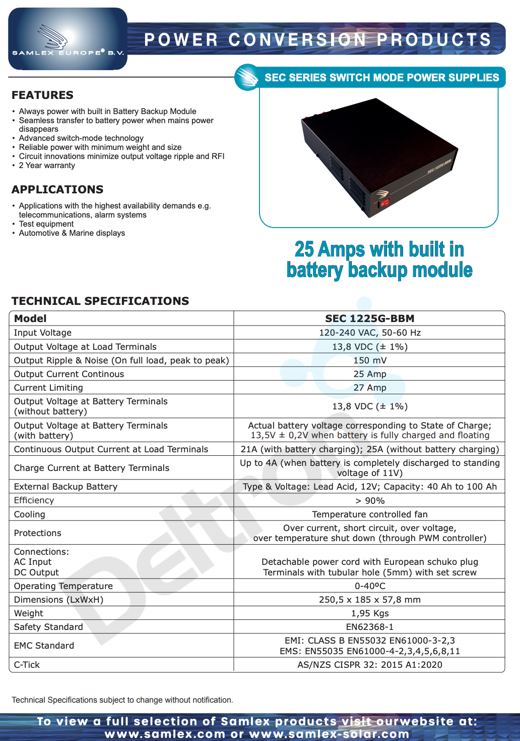 Datasheet van de Samlex SEC-1225G-BBM voeding met batterij backup