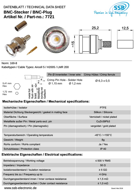 Datasheet SSB-7721 BNC-connector voor Aircell-5, H2005 en LMR200 coax kabel
