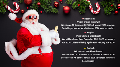 Deltron is gesloten van donderdag 18 december 2025 tot en met vrijdag  januari 2026. Bestellingen worden vanaf maandag 6 januari weer verstuurd