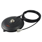 Diamond-K702M magneetvoet met bovenop een UHF-Female (SO239) aansluiting en aan de magneetvoet  meter RG58 coaxkabel met voor gemonteerde UHF-Male (PL-259) connector