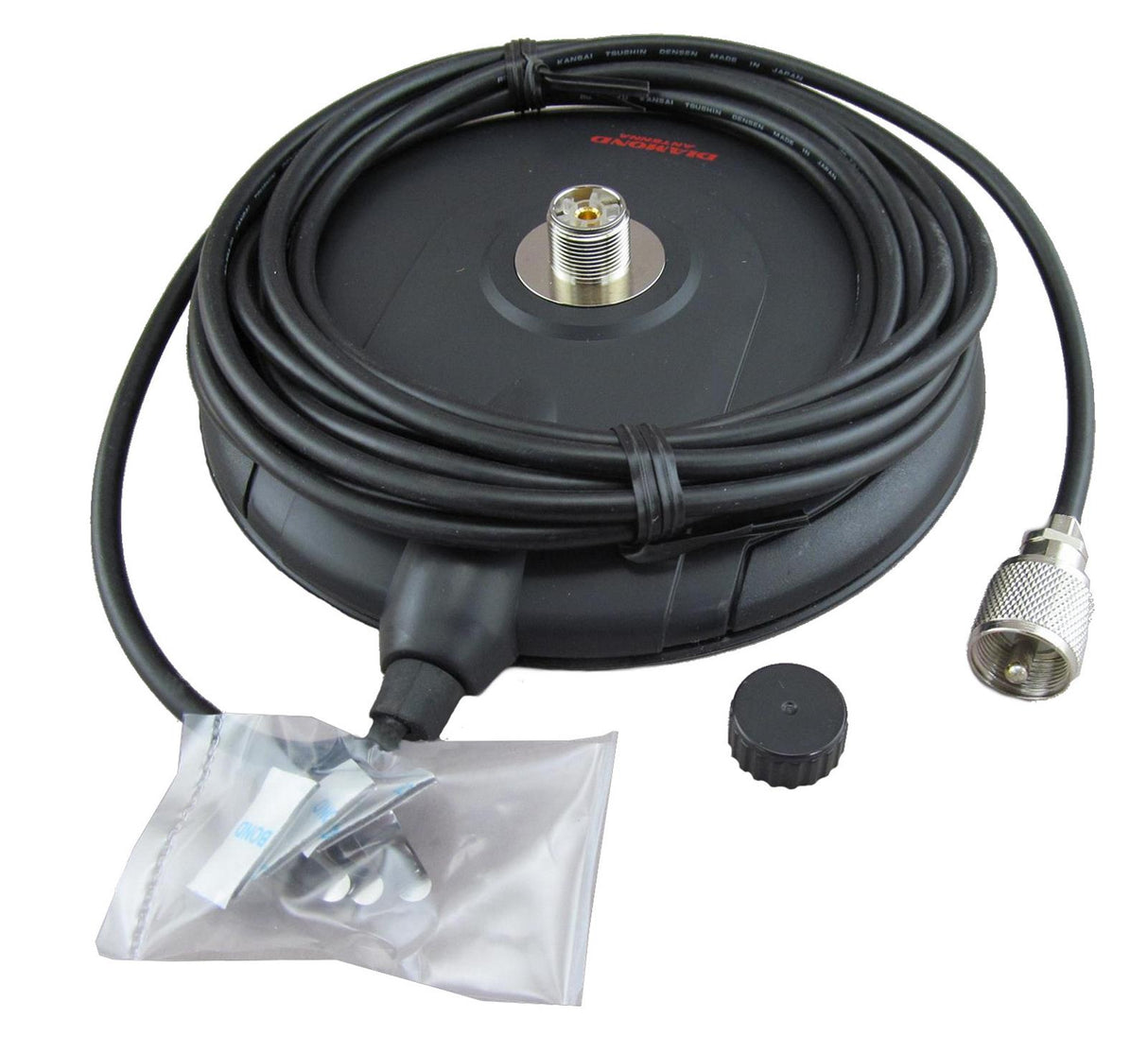 Diamond K702M magnetische antennevoet met meegeleverde rubberen bescherming, 4 meter coaxkabel met voorgemonteerde UHF-Male (PL259) connector