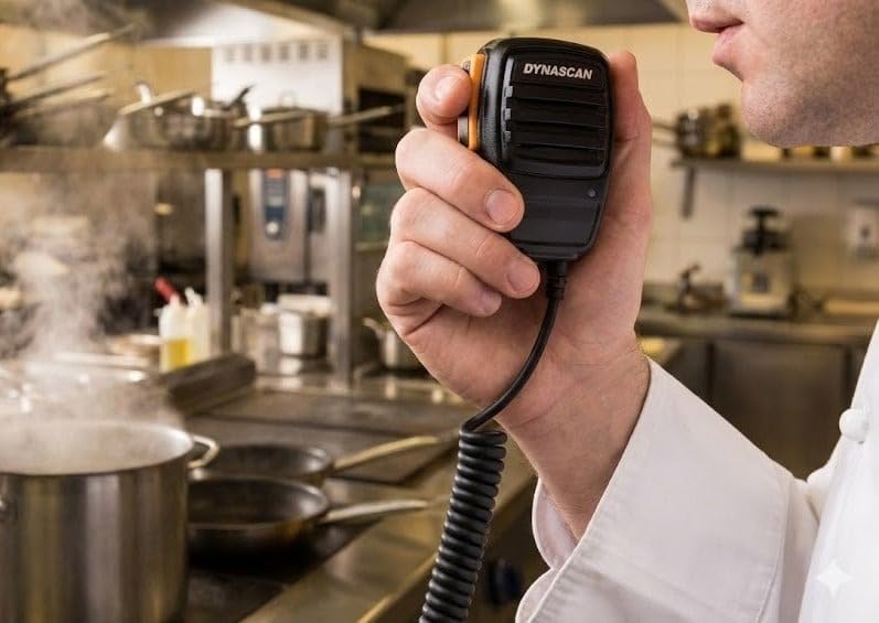 Dynascan Chef-1 chef-kok communicieert via handmicrofoon met de bediening