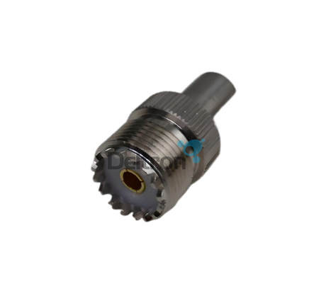 Adapter van FME-Male naar UHF-Female (SO-239) met vergulde aansluitingen, hier zie je de UHF-Female kant