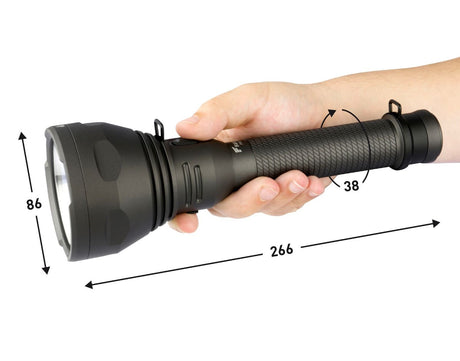 Afmetingen van de Favour T2617 oplaadbare heavy duty zaklamp die een instelbare lichtsterkte heeft tot 1100 lumen