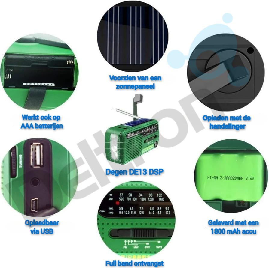 Degen DE13DSP: Noodradio met zonnepaneel en handslinger | Deltron