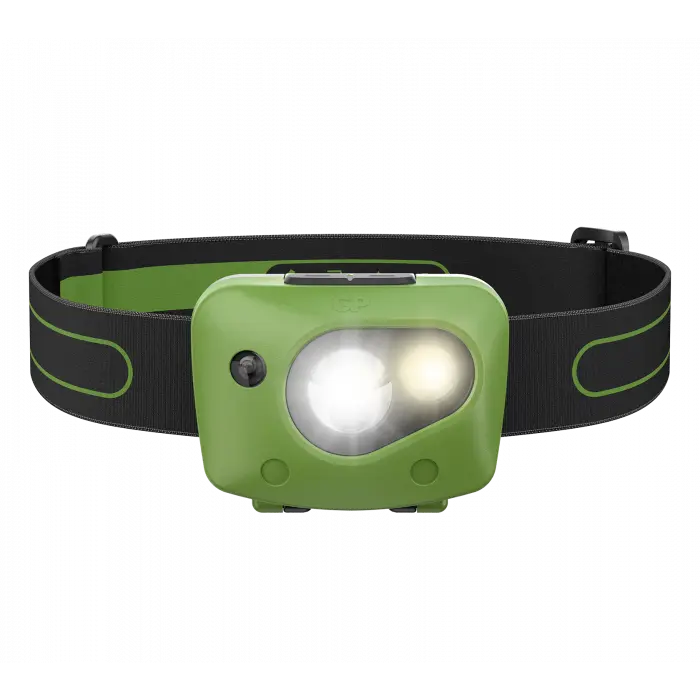 Voorkant ingeschakelde GP CH43 hoofdlamp met een lichtsterkte van 150 lumen