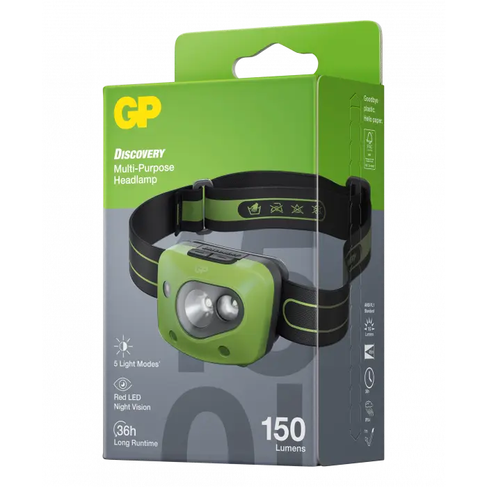 GP CH43 discovery hoofdlamp 150 lumen met vijf licht instellingen en een rode led voor nachtzicht