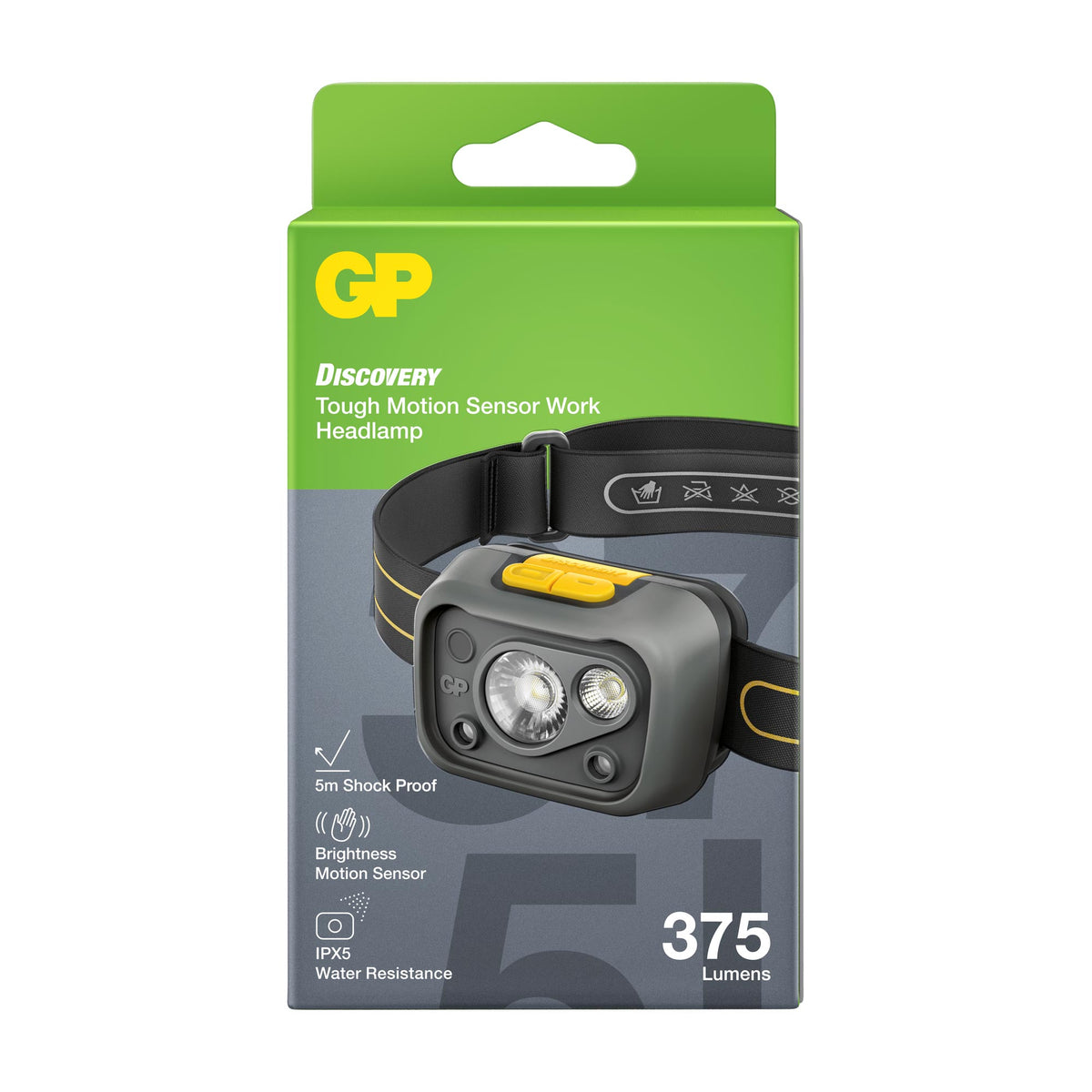 Verpakking van de GP CH54 hoofdlamp 375 lumen met bewegingssensor, instelbare lichtmodi en instelbare hellingshoek