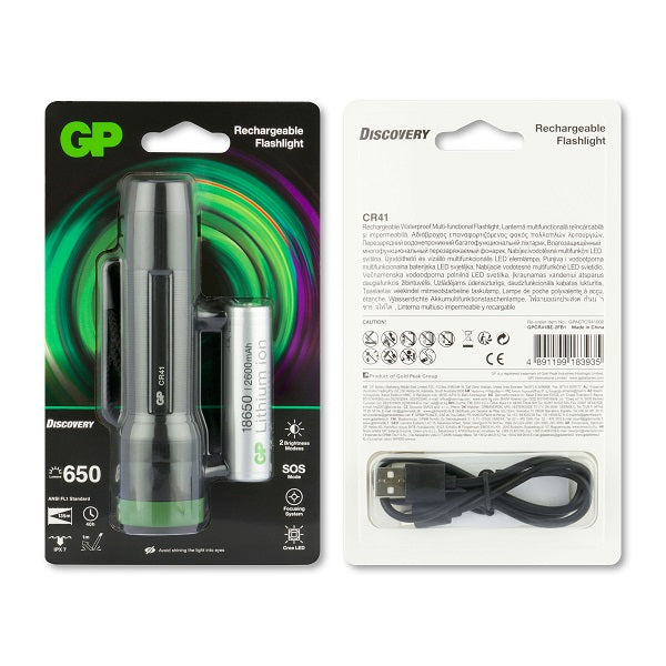 GP CR41 zaklamp met oplaadbare batterij en USB-kabel in de originele verpakking
