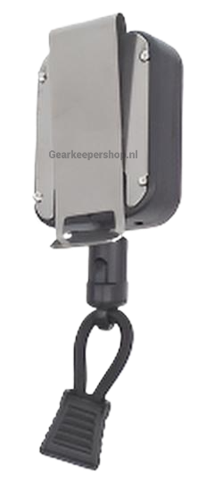 Achterkant van de Gear Keeper RT2-4052 lapel microfoon retractormet met riemclip en microfoonkoord