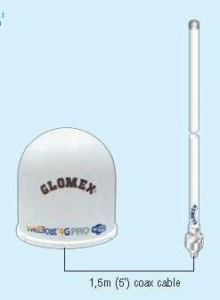 Glomex Webboat 4G Pro-SK met de Glomex PRA471 antenne met 1,5 meter coaxkabel verbonden