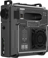 Achterkant van de HanRongDa HRD-C919 wereldontvanger met batterijcompartiment, speaker, externe antenne aansluiting  en schakelaar voor MW, SW1 en SW2