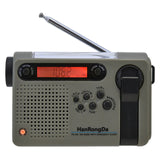 HanRongDa HRD-900 noodradio in de kleur legergroen met telescopische antenne, zonnepaneel en handslinger 