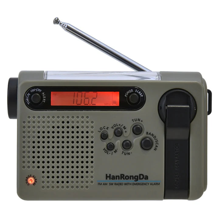 Wind-up emergency radio with flashlight, solar panel, and power