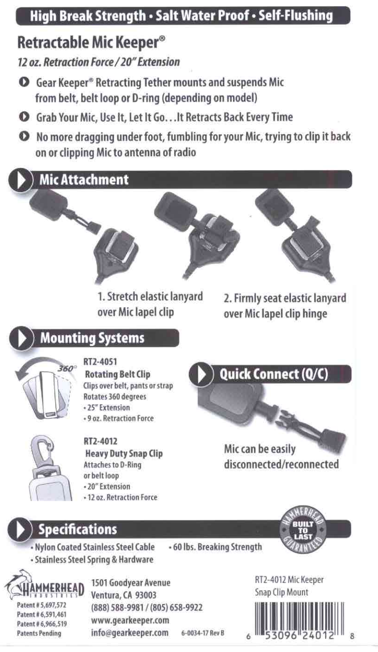 Instructies voor de Gear Keeper RT2-4012 microfoon retractor voor reddingsdiensten en brandweer