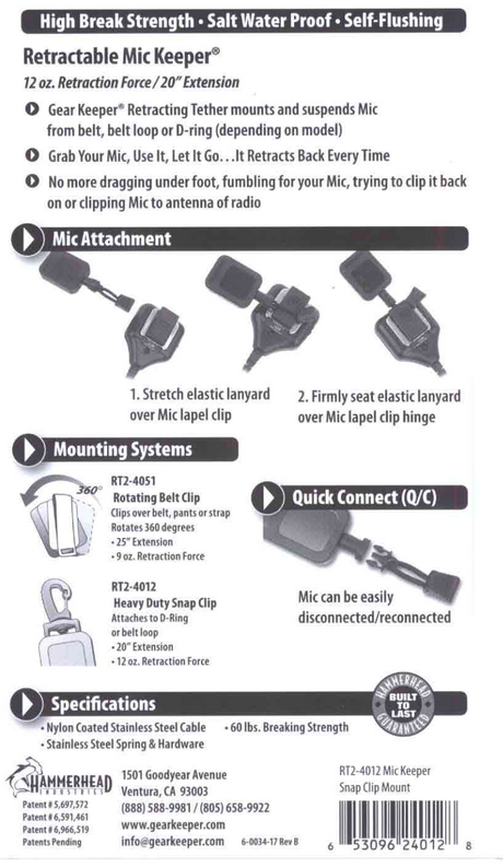 Instructies voor de Gear Keeper RT2-4012 microfoon retractor voor reddingsdiensten en brandweer