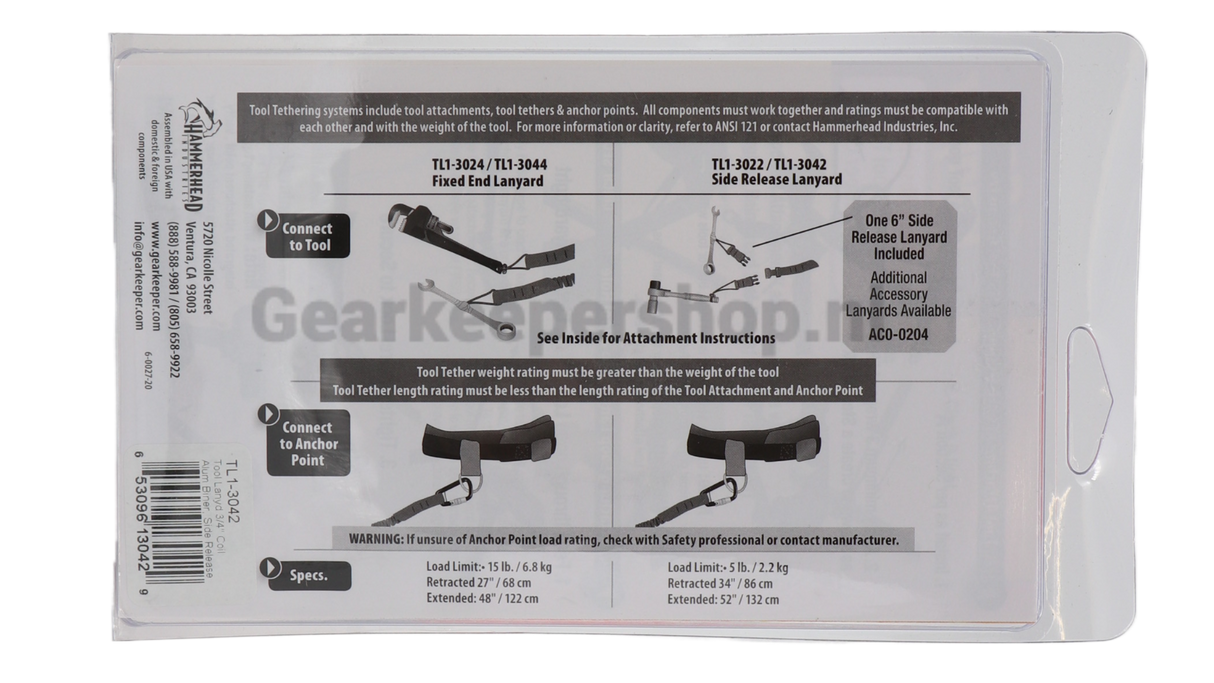 Instructies voor de Gearkeeper TL1-3042 veiligheidslijn en tool tether voor het veilig werken op hoogte met electrisch handgereedschap