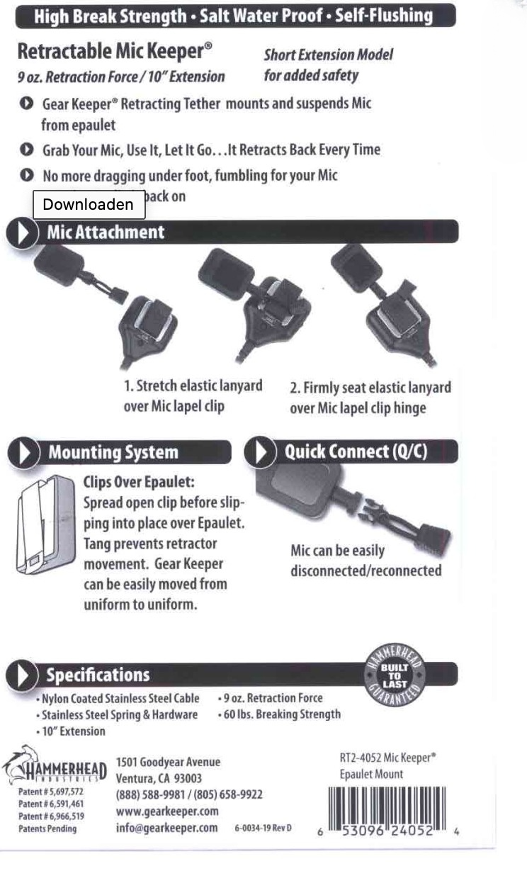 Instructies voor het gebruik van de Gear Keeper RT2-4052 lapel microfoon retractor met riemclip