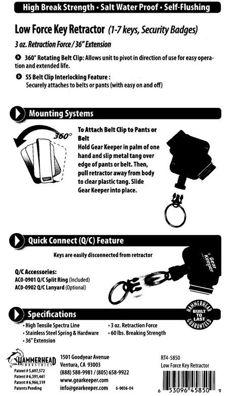 Instructies voor het gebruik van de Gear Keeper RT4-5850 retractor voor ID-badge, toegangtag, toegangdruppel of sleutels