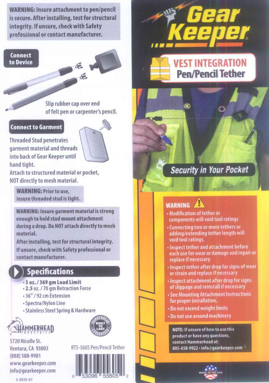 Instructies voor het gebruik van de Gear Keeper RT5-5605 retractor voor stiften, pennen of potloden