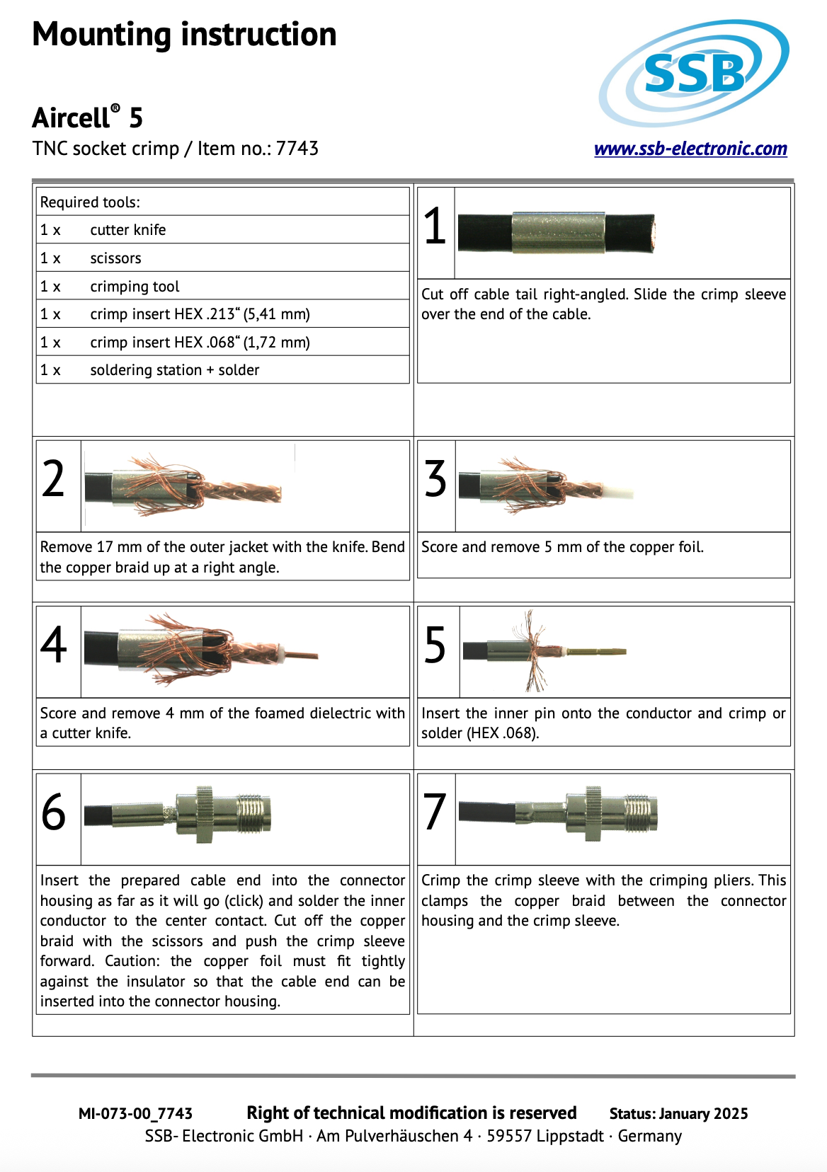 Instructie handleiding voor het monteren van een SSB 7743 connector aan Aircell-5 coax kabel