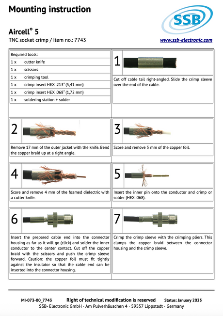 Instructie handleiding voor het monteren van een SSB 7743 connector aan Aircell-5 coax kabel