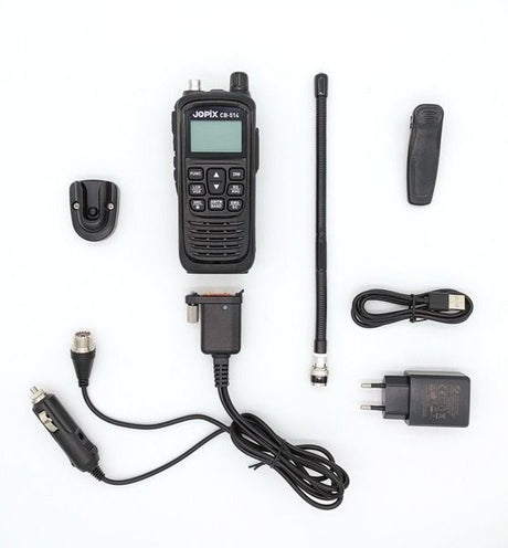 Jopix CB514 autoset 27MC portofoon met lader, antenne, riemclip, carry case met draagriem en een externe antenne aansluiting