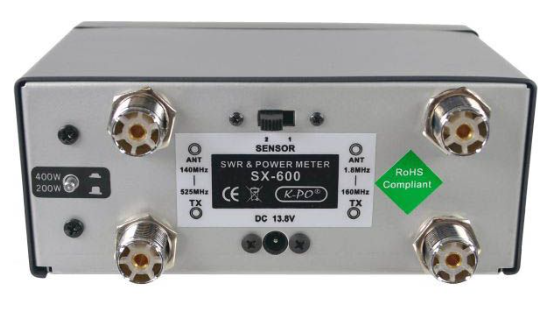 Achterkant van de K-PO SX-600 SWR-en Watt meter met vier UHF-Female (PL) connectoren