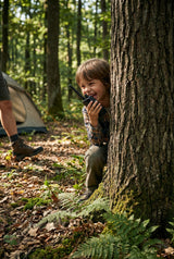 Een kind die een Midland G7 EVO gebruikt vanachter een boom in het bos