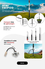 Flyer met informatie over de Komunica Mini Tripod met optionele accessoires voor mobiele antennes