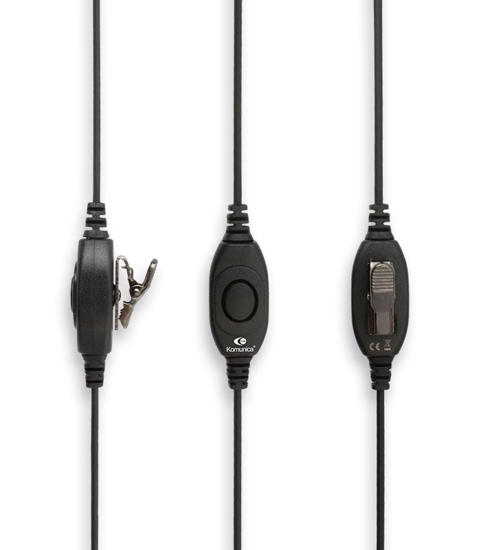 Close-up PTT-knop op de Komunica PGM-20M 2-Pins headset met microfoon voor Hytera, Midland, Yaesu, Alan en Motorola portofoons