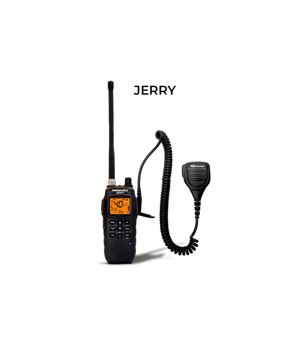 Komunica PWR-6201 (S) speaker microfoon aangesloten op een President Jerry 27MHz CB portofoon