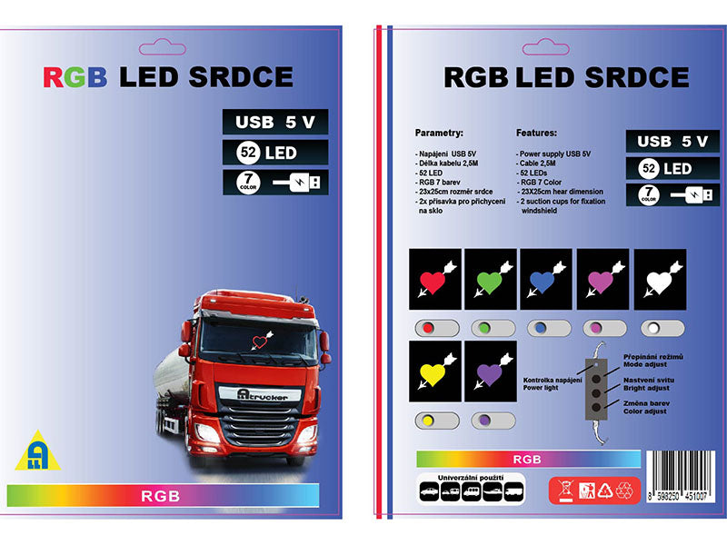 RGB decoratieve led-verlichting voor vrachtwagen en bestelwagen in de vorm van een groot hart met pijl erdoor. Instelbaar in zeven kleuren met controller