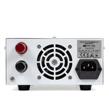 Achterkant van de MFJ PC-103 laboratorium voeding met daarop de aansluitingen en de ventilator